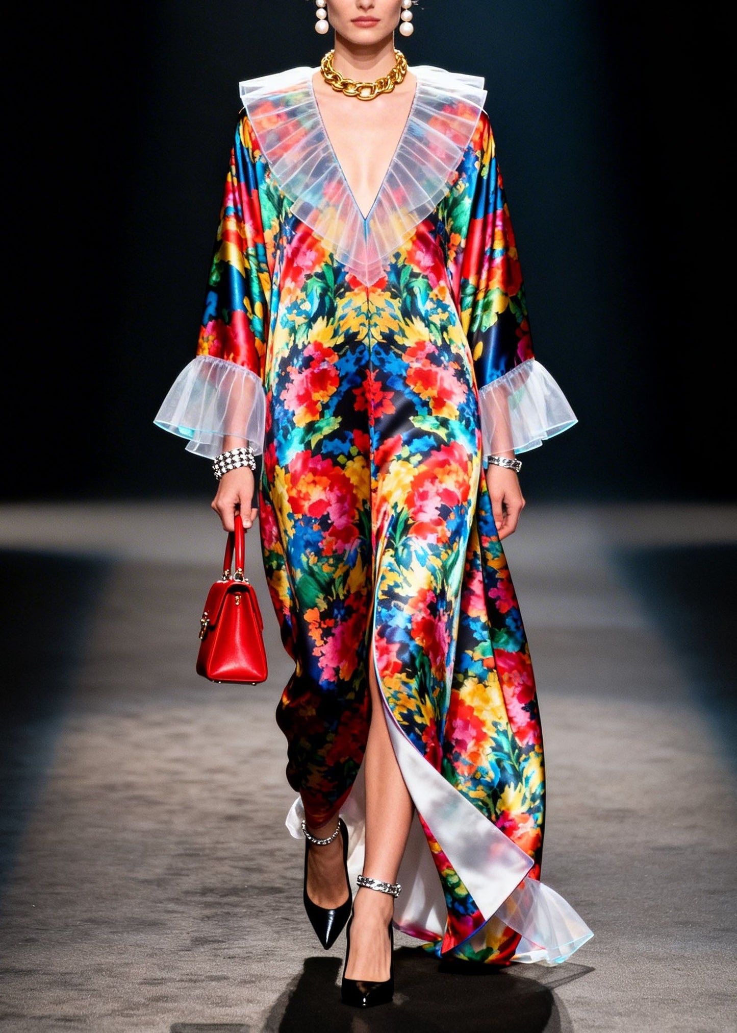 Boho V Neck Ruffled Print Patchwork Chiffon Robe Dresses Spring