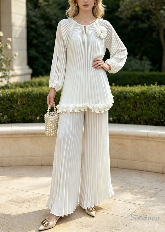 Boho White Oversized Floral Chiffon Pleated Two Pieces Set Spring