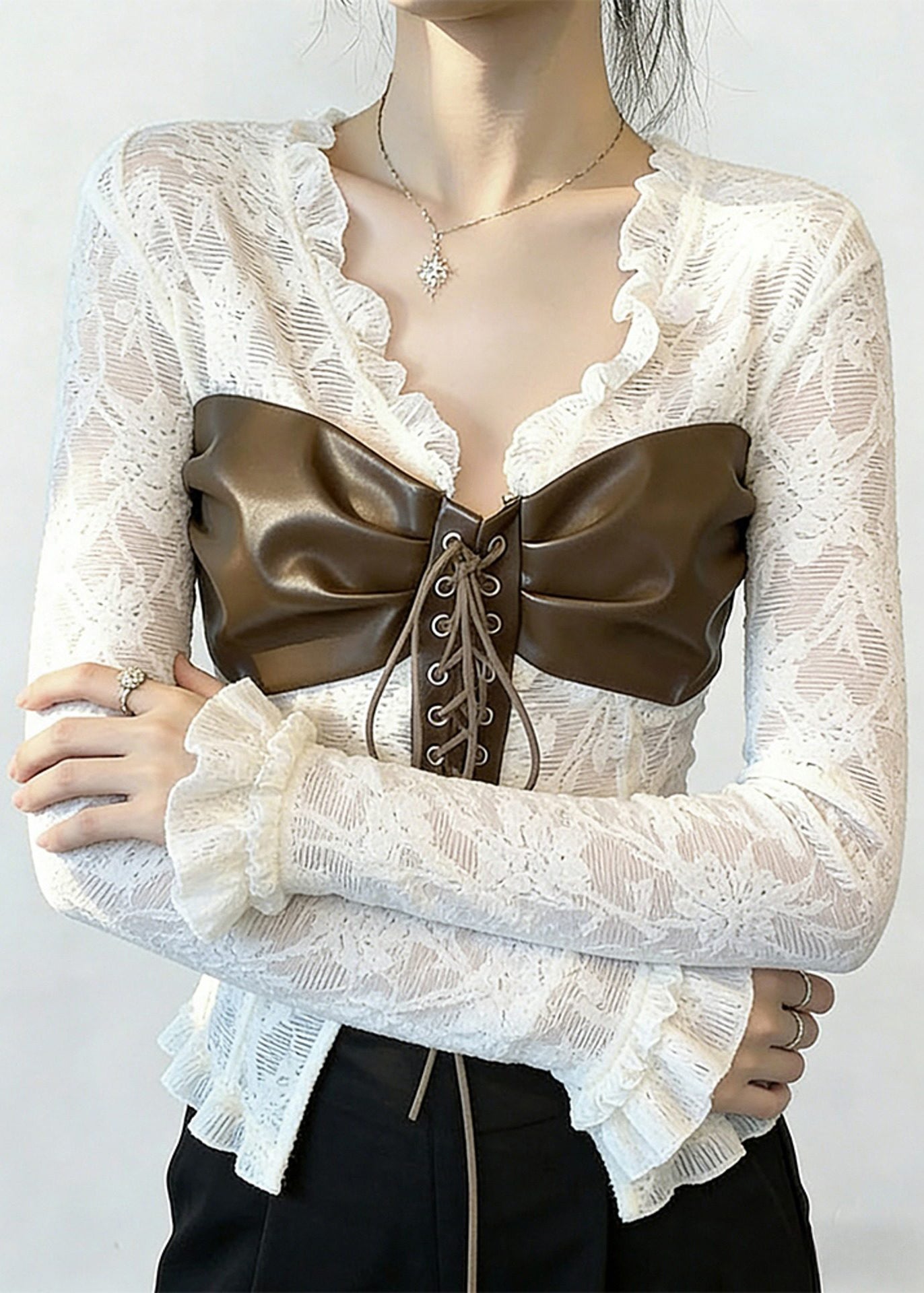 Boho White Patchwork Cross Strap Lace Top Spring