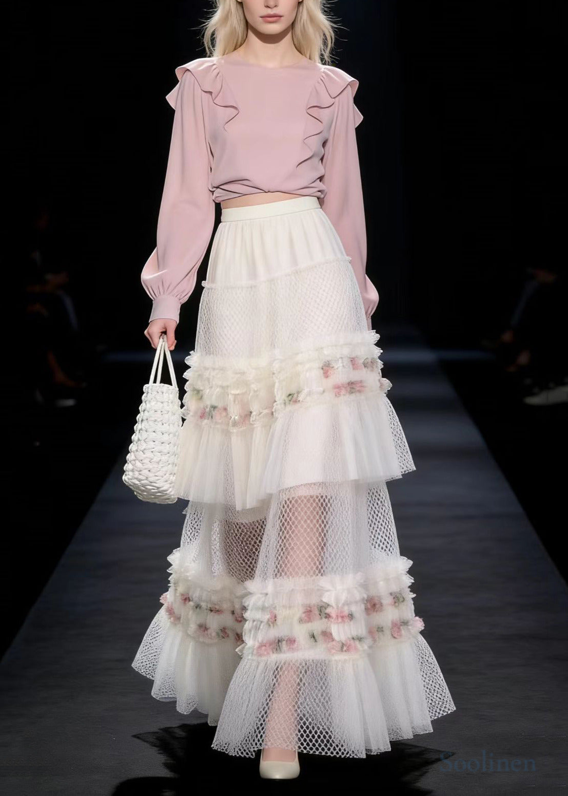 Boho White Ruffled Print Exra Large Hem Tulle Skirt Spring