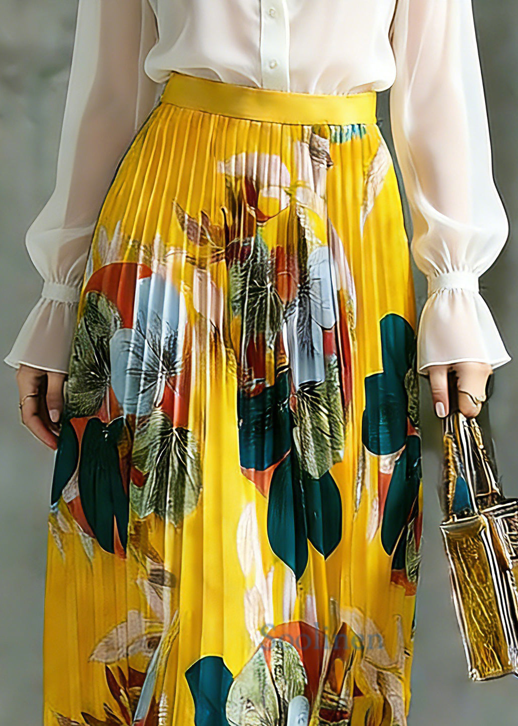 Boho Yellow Elastic Waist A Line Skirt Spring