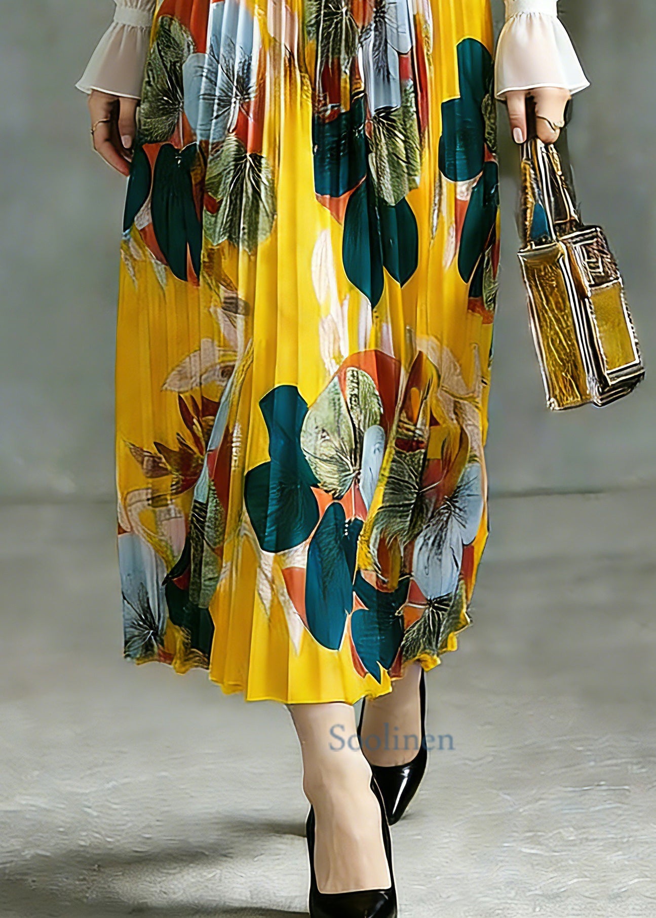 Boho Yellow Elastic Waist A Line Skirt Spring