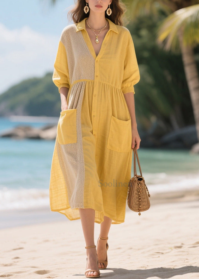 Boho Yellow Oversized Patchwork Cotton Dresses Summer