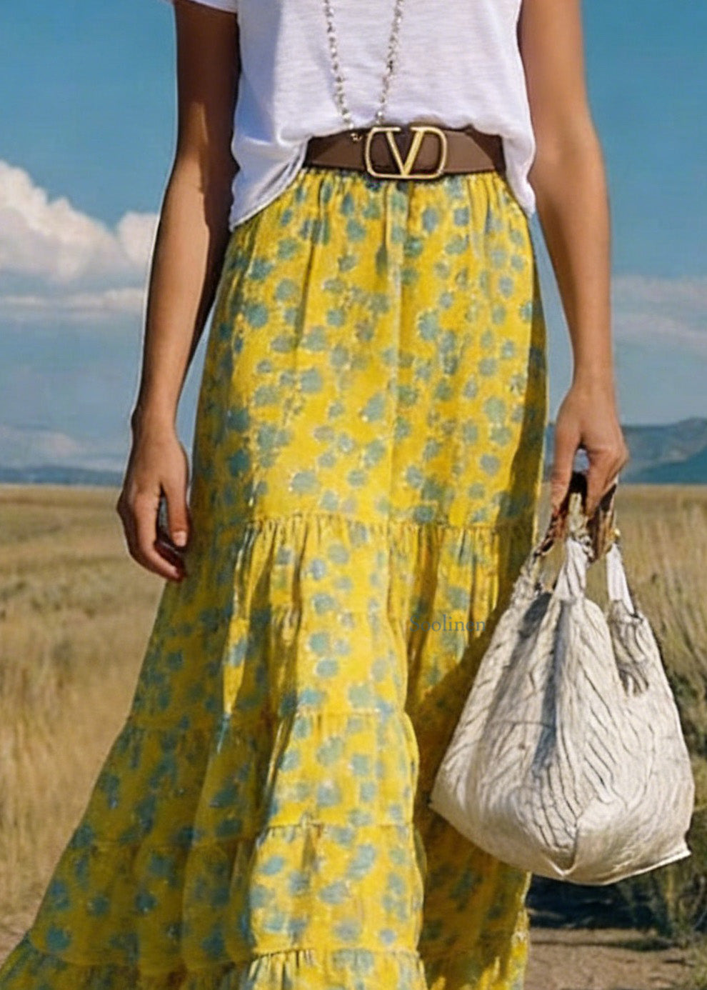 Boho Yellow Print Wrinkled Chiffon Skirts Summer