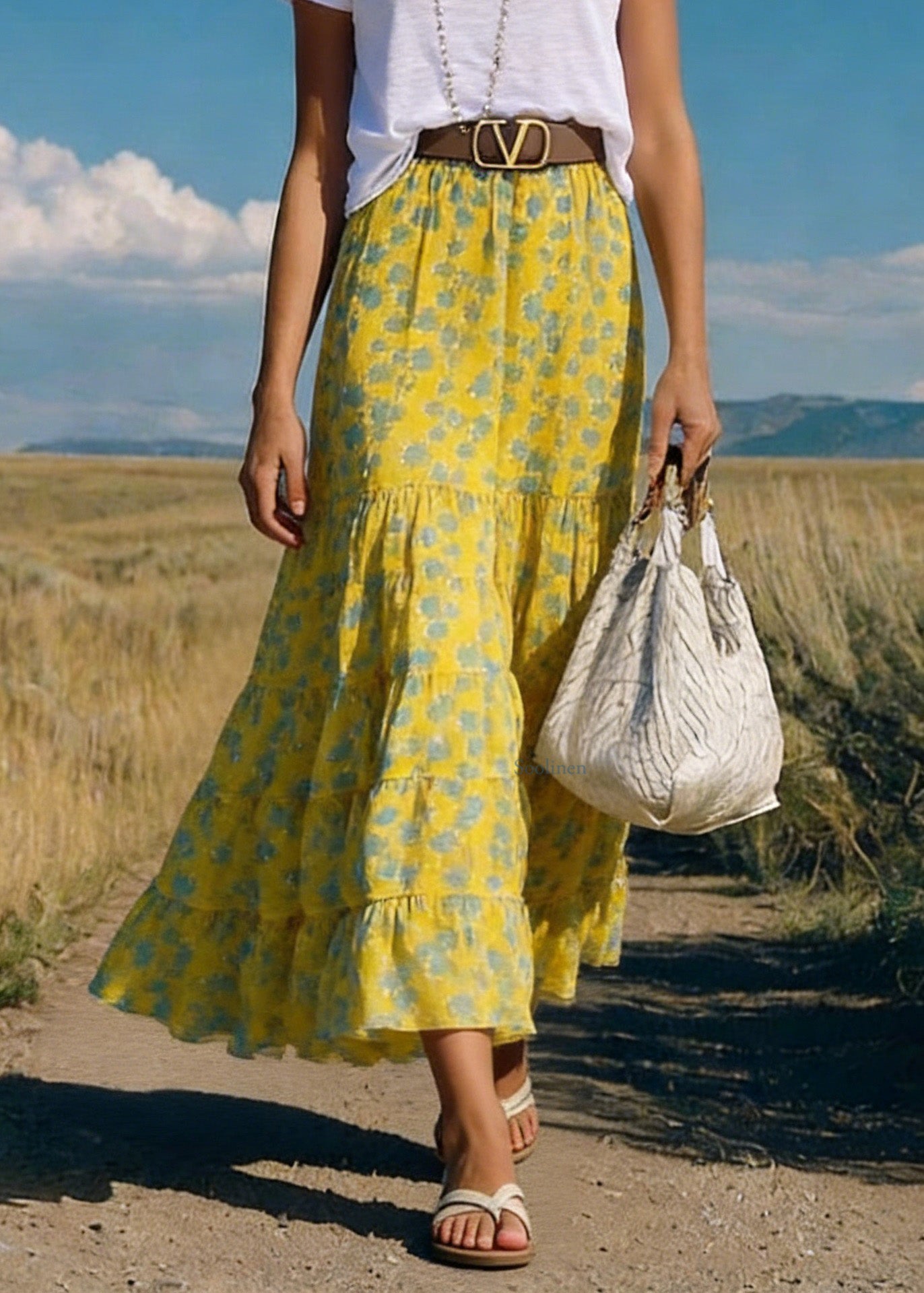 Boho Yellow Print Wrinkled Chiffon Skirts Summer