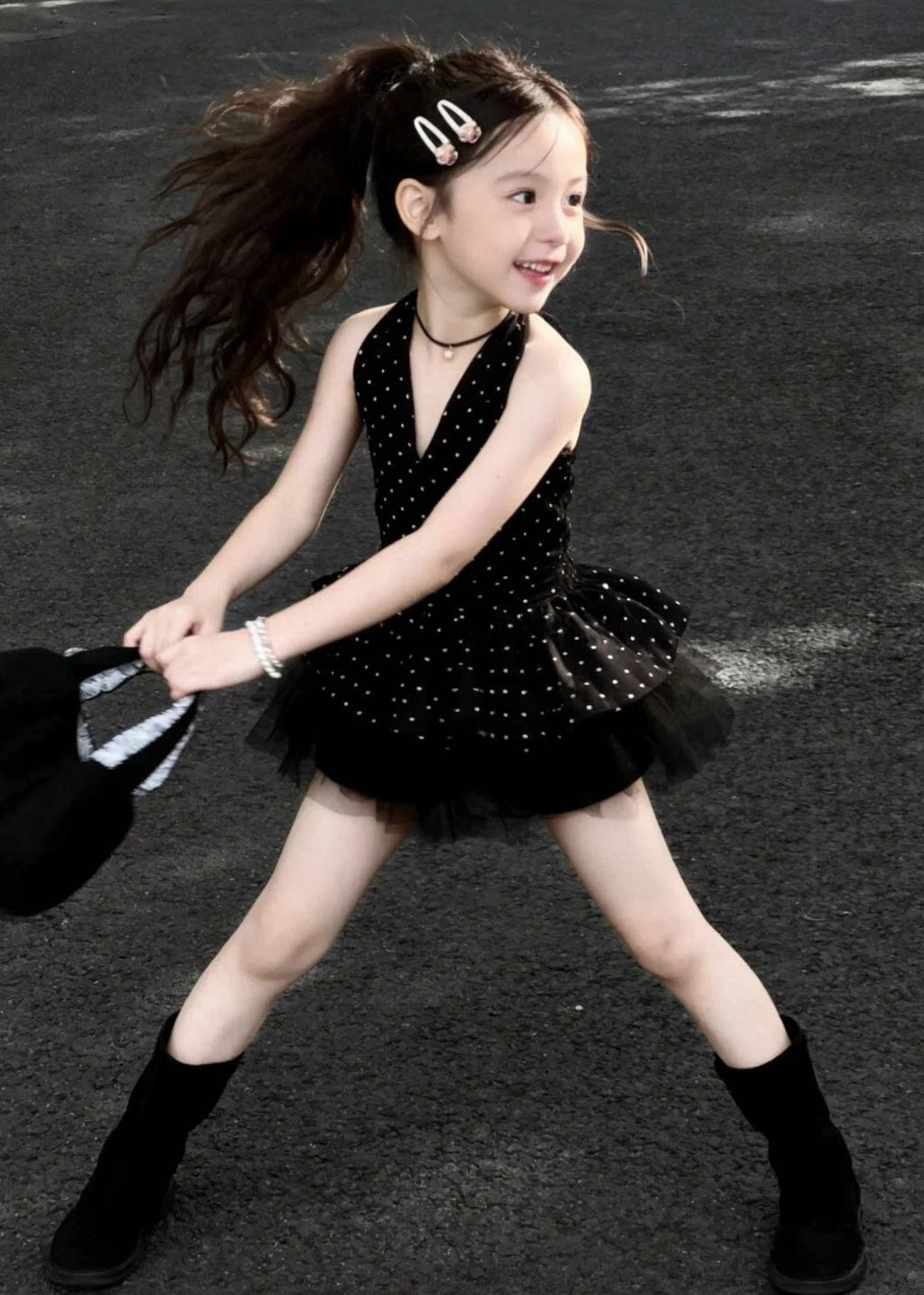 Boutique Black Dot Patchwork Tulle Kids Girls Mini Dresses Summer