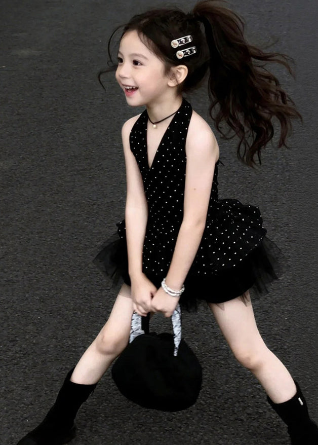 Boutique Black Dot Patchwork Tulle Kids Girls Mini Dresses Summer