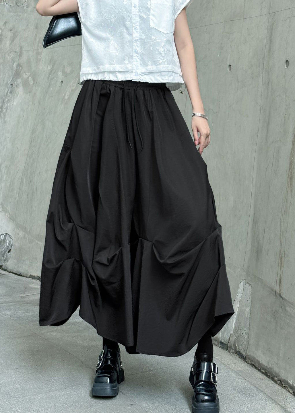 Boutique Black High Waist Patchwork Wrinkled Cotton Skirts Summer