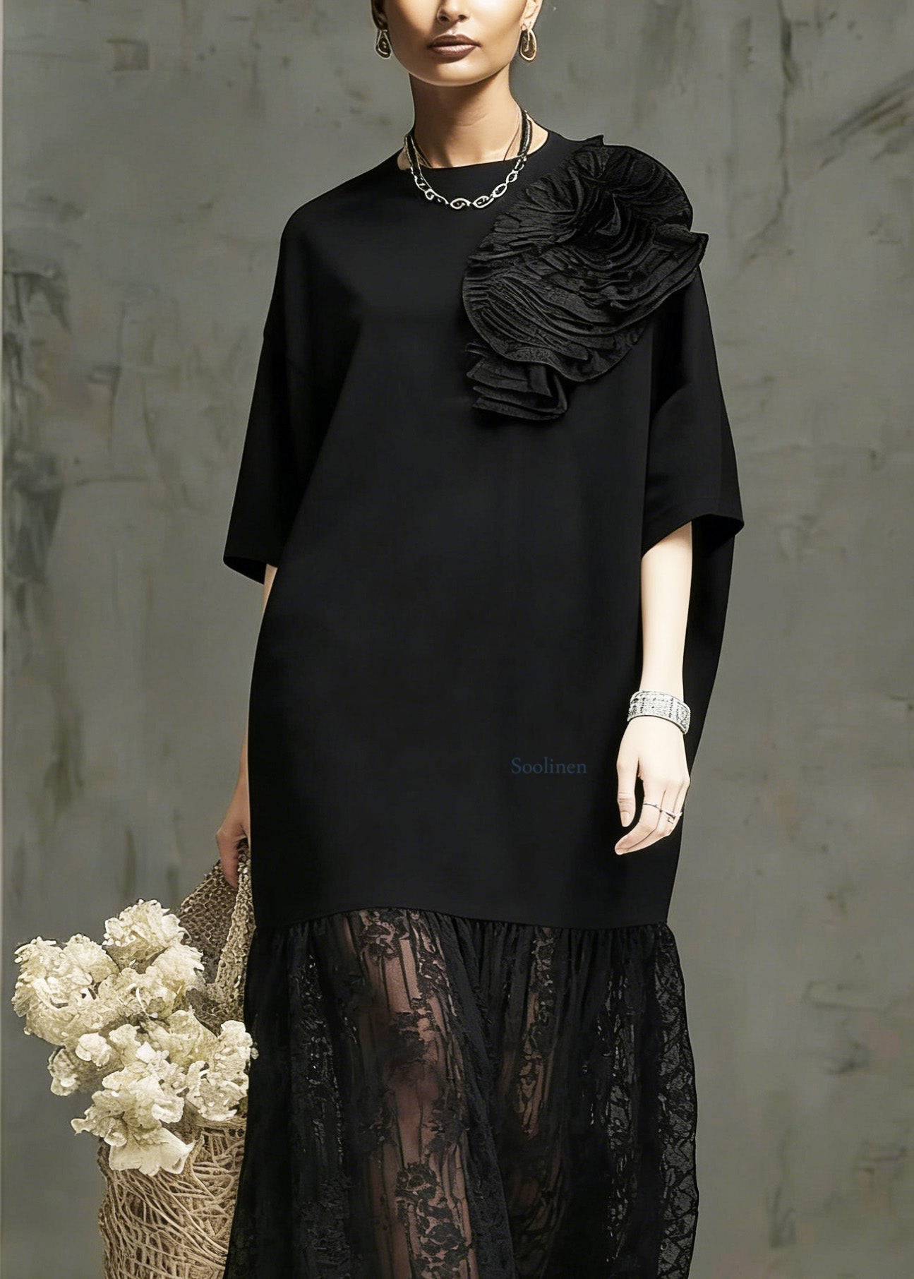 Boutique Black O Neck Floral Lace Patchwork Cotton Dress Summer