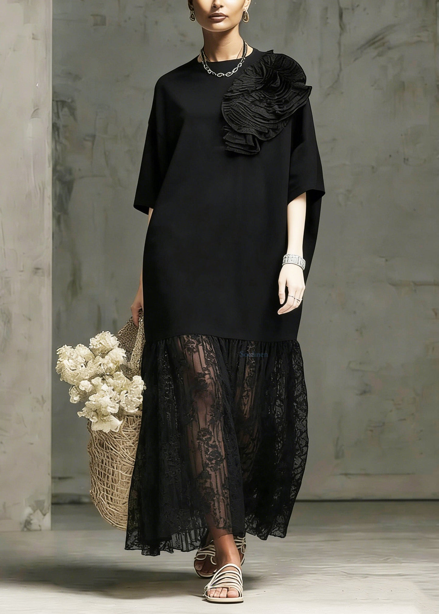 Boutique Black O Neck Floral Lace Patchwork Cotton Dress Summer