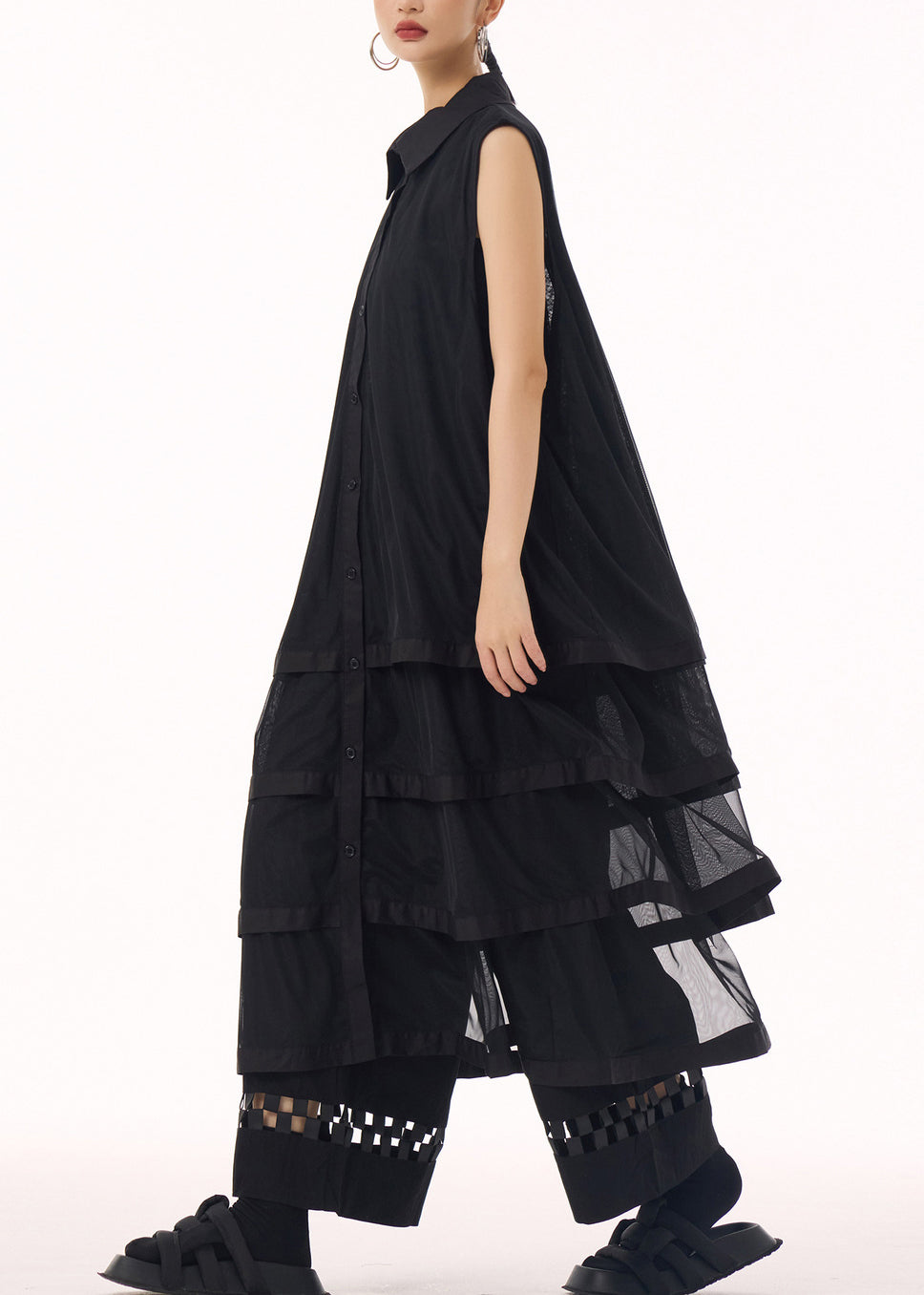 Boutique Black Peter Pan Collar Tulle Layered Patchwork Cotton Dress Summer