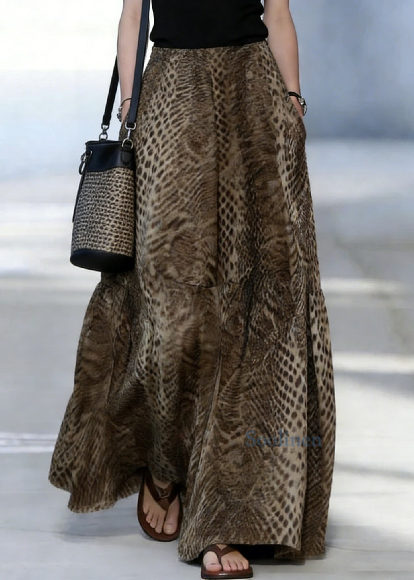 Boutique Blackish Green Print Pockets Maxi Skirts Spring