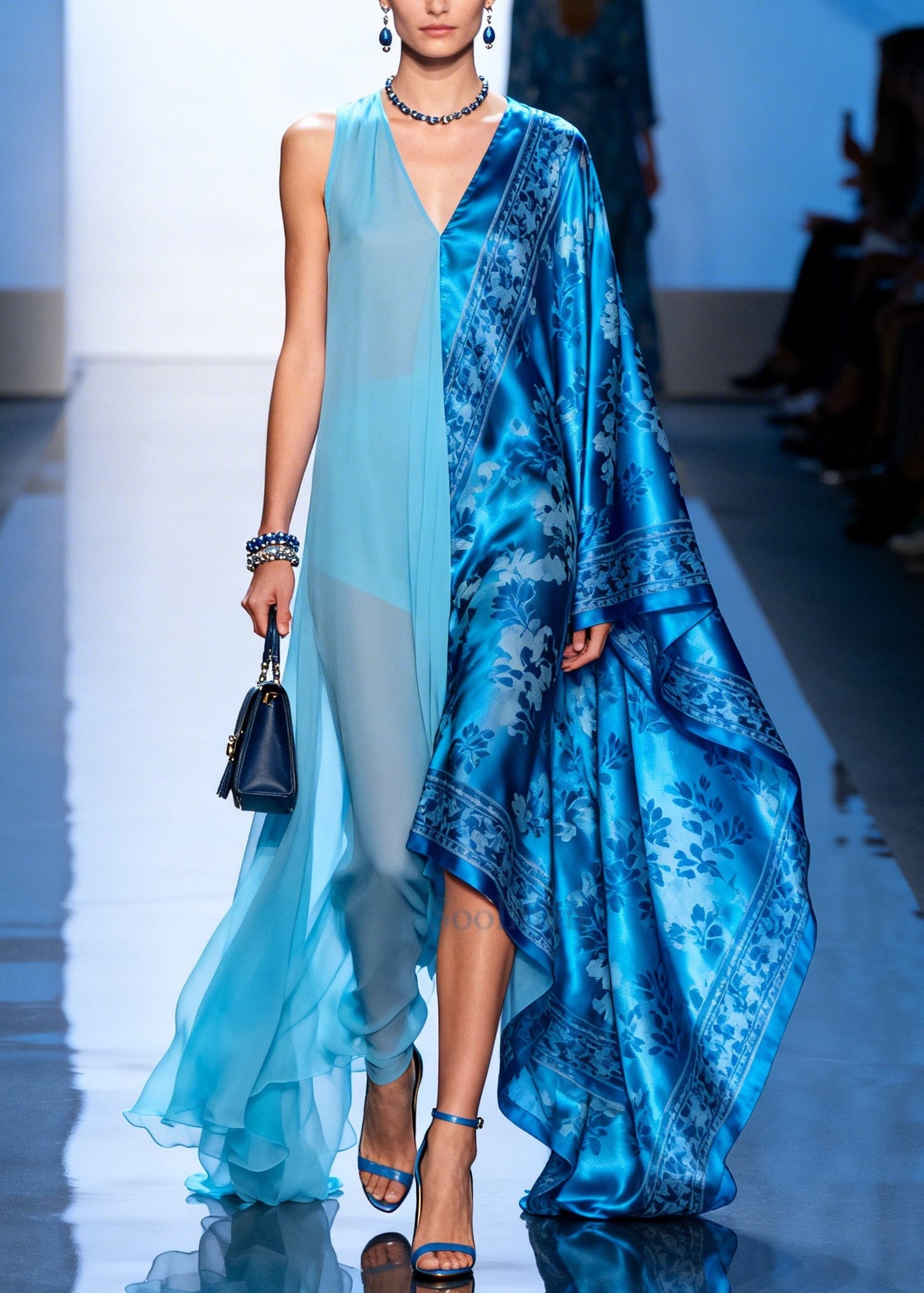Boutique Blue Asymmetrical Patchwork Exra Large Hem Silk Dresses Summer