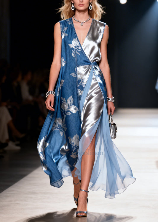 Boutique Blue Asymmetrical Patchwork Print Denim Cami Dress Summer