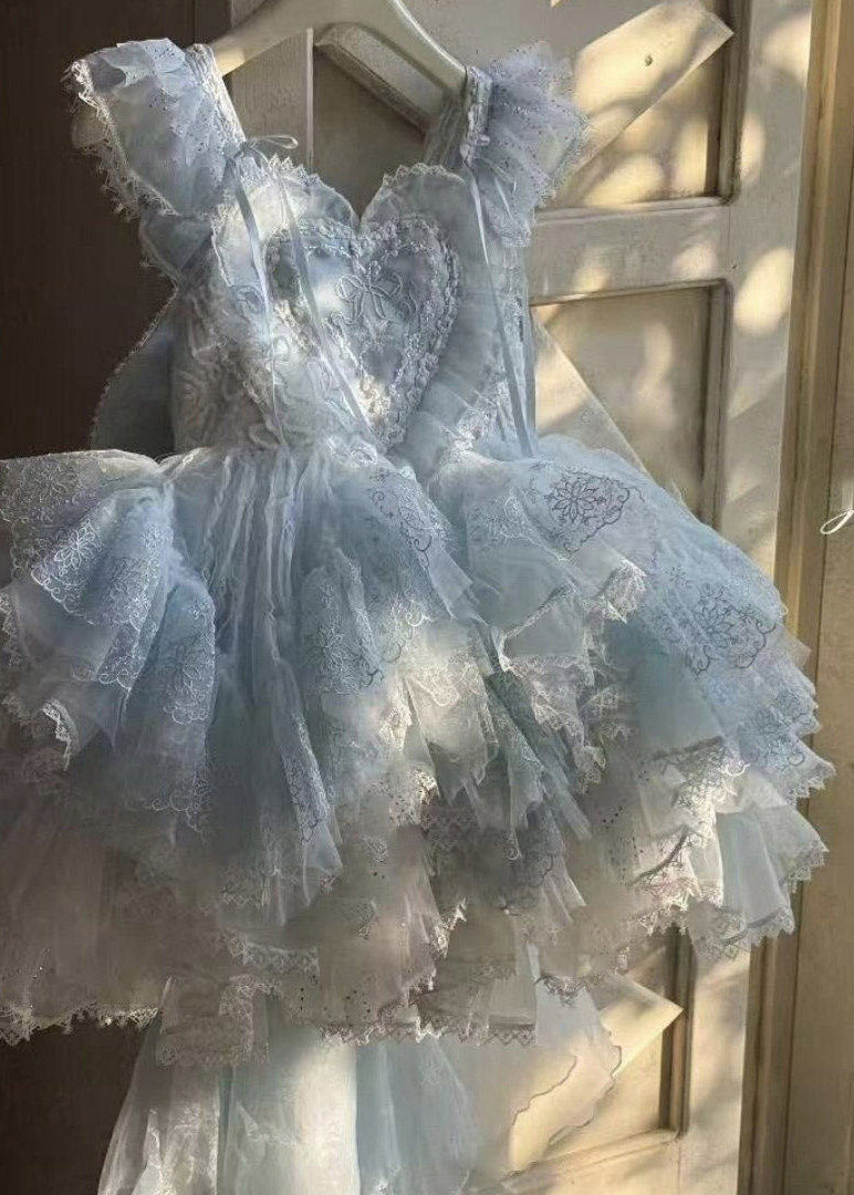 Boutique Blue Asymmetrical Patchwork Tulle Girls Vacation Maxi Dresses Summer