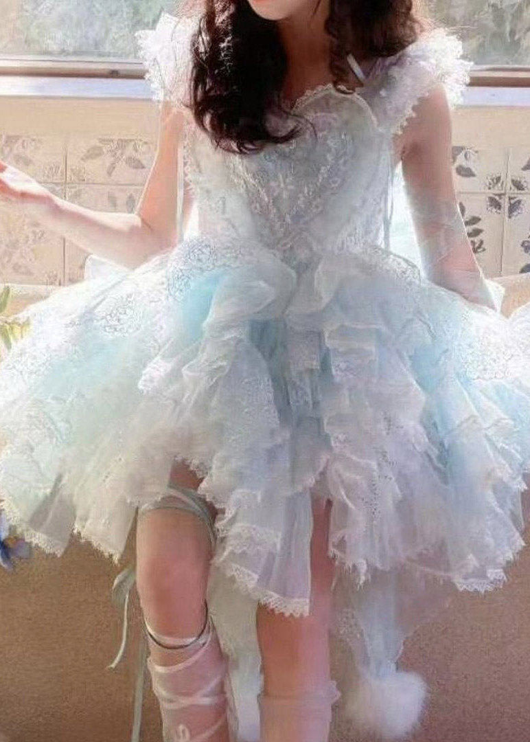 Boutique Blue Asymmetrical Patchwork Tulle Girls Vacation Maxi Dresses Summer