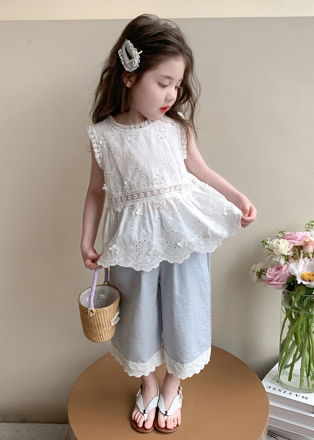 Boutique Blue Embroideried Patchwork Lace Kids Girls Two Piece Set Outfits Summer