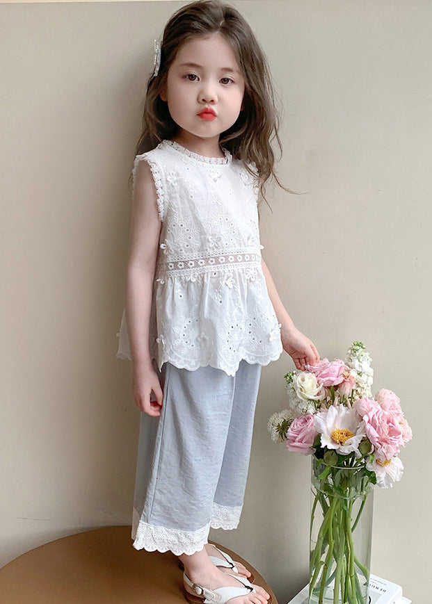 Boutique Blue Embroideried Patchwork Lace Kids Girls Two Piece Set Outfits Summer