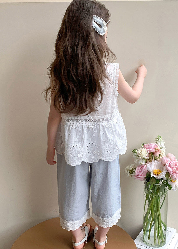 Boutique Blue Embroideried Patchwork Lace Kids Girls Two Piece Set Outfits Summer