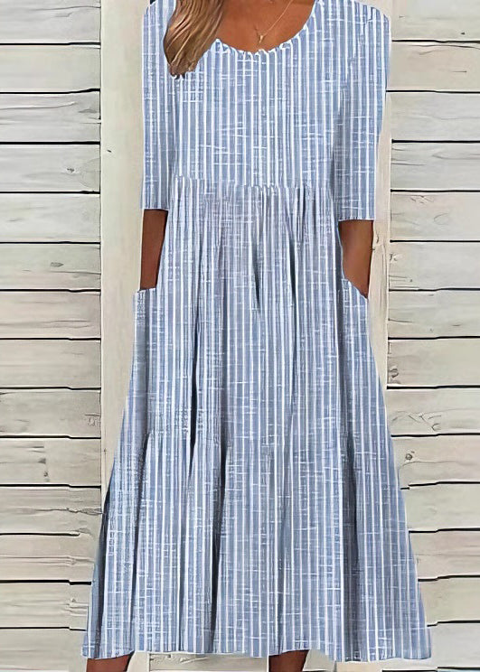 Boutique Blue O Neck Pockets Striped Cotton Dresses Summer