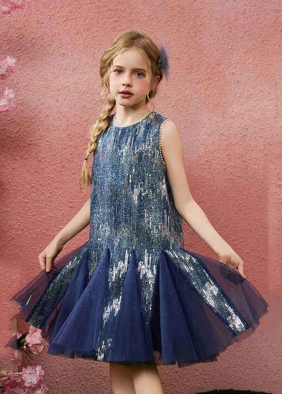 Boutique Blue Patchwork Nail Bead Tulle Girls Long Dress Summer
