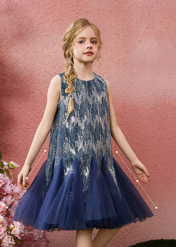Boutique Blue Patchwork Nail Bead Tulle Girls Long Dress Summer