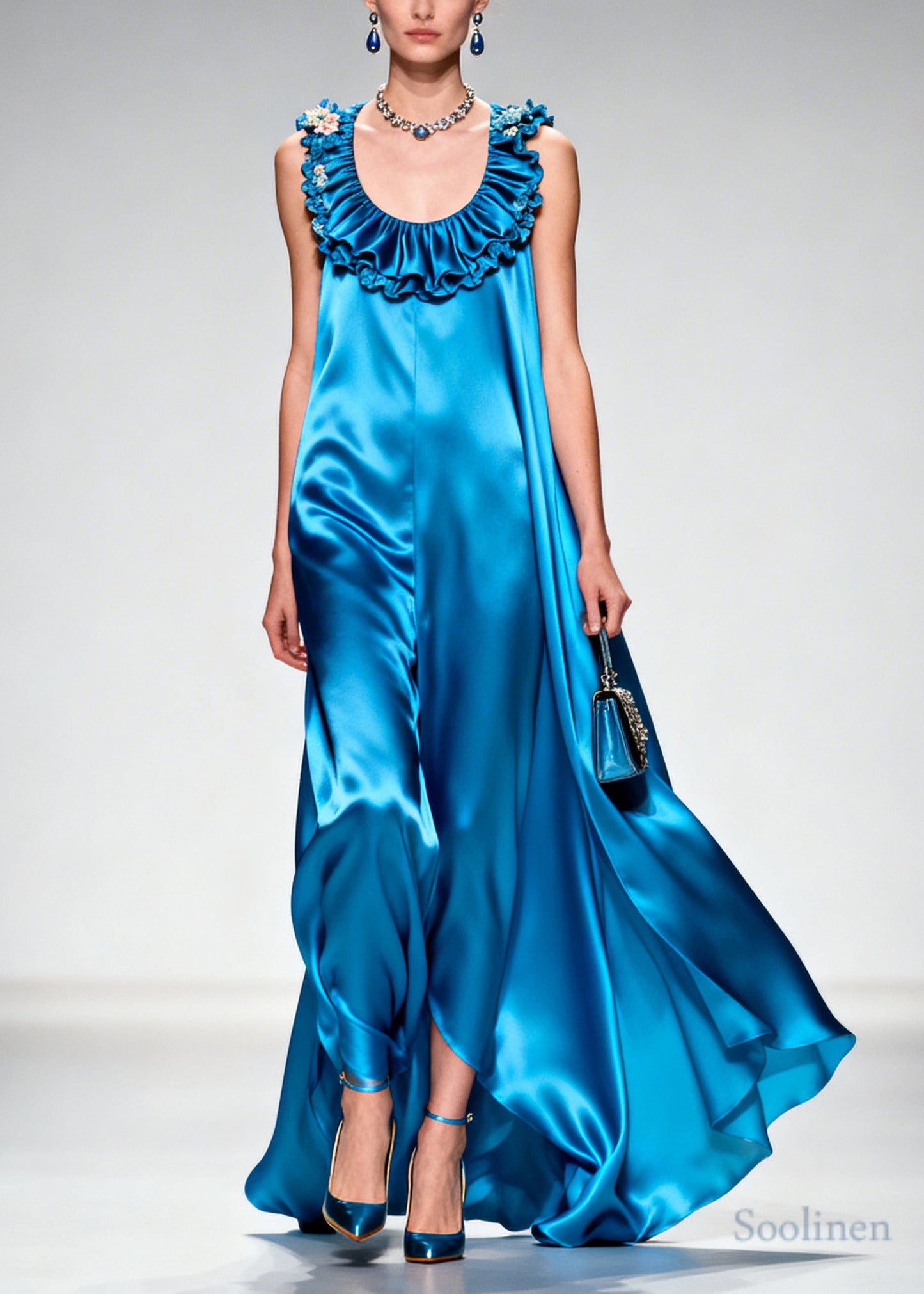 Boutique Blue Ruffled Exra Large Hem Silk Long Dress Summer