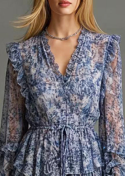 Boutique Blue Ruffled Print Chiffon Cinched Dresses Spring