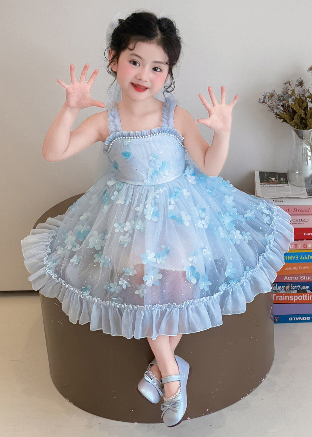 Boutique Blue Stereoscopic Floral Tulle Baby Girls Mini Dresses Summer