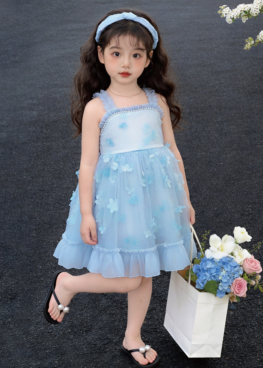 Boutique Blue Stereoscopic Floral Tulle Baby Girls Mini Dresses Summer