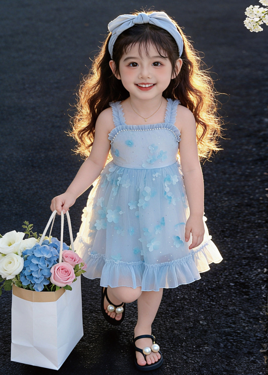 Boutique Blue Stereoscopic Floral Tulle Baby Girls Mini Dresses Summer