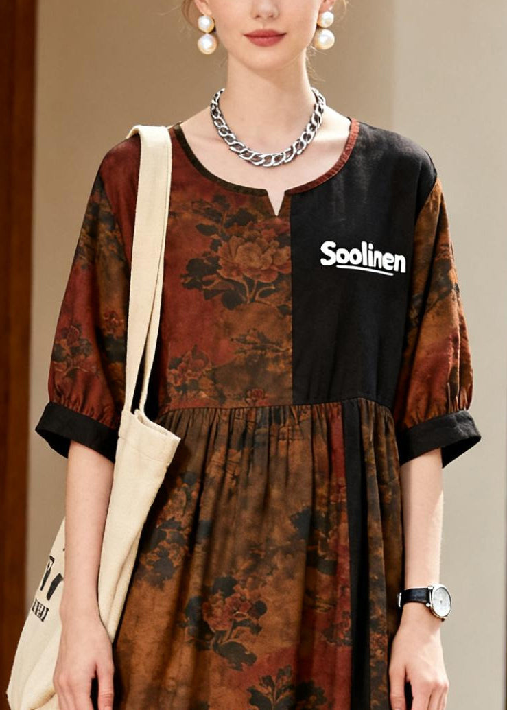 Boutique Brown Print Patchwork Cotton Ripped Dress Summer