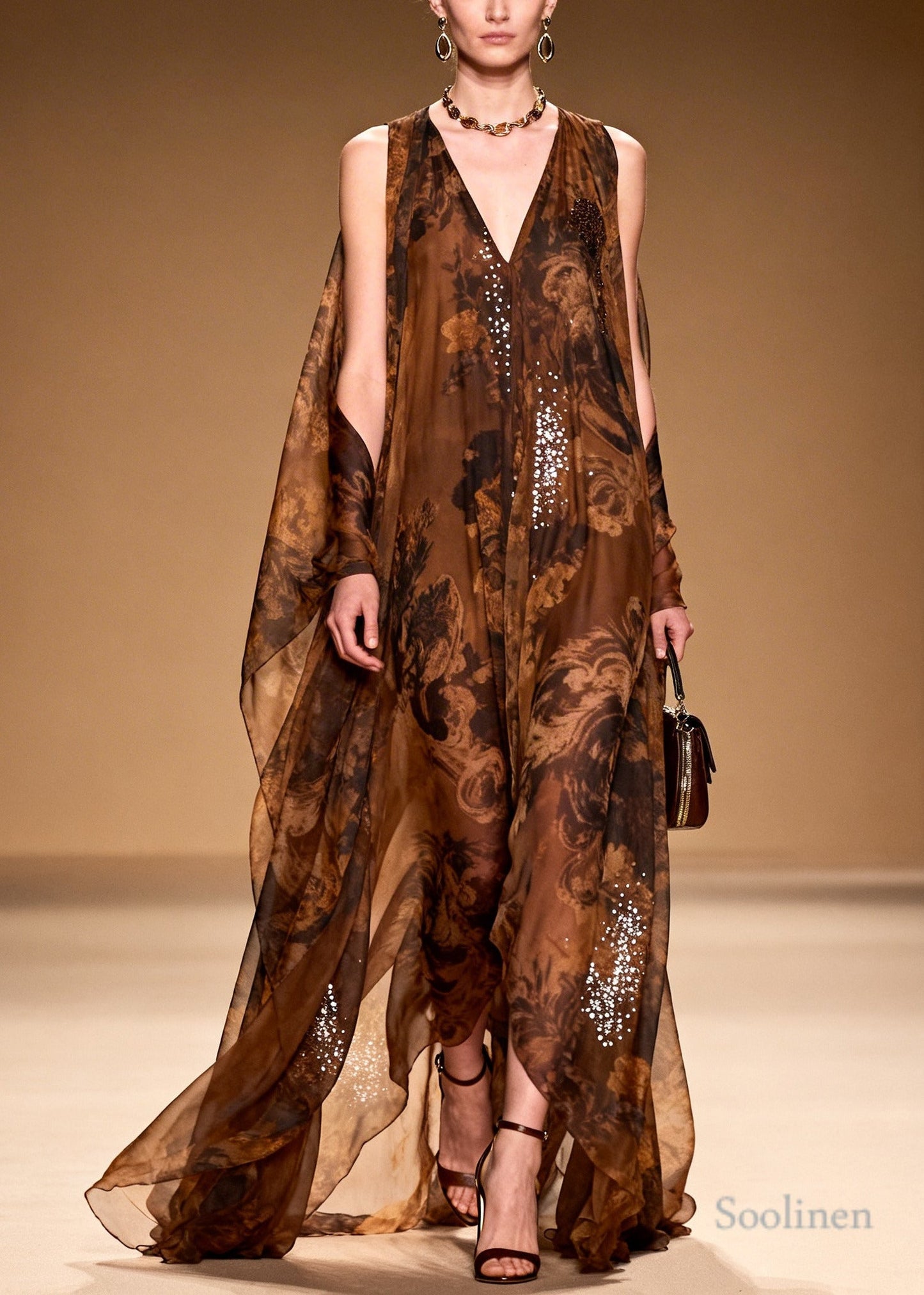 Boutique Brown Print With Rhinestone Silk Robe Dresses Summer