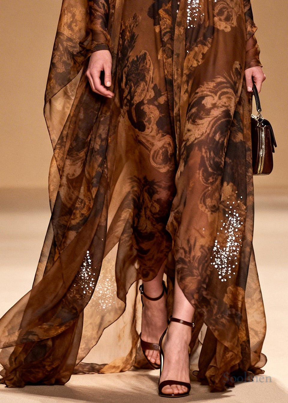 Boutique Brown Print With Rhinestone Silk Robe Dresses Summer
