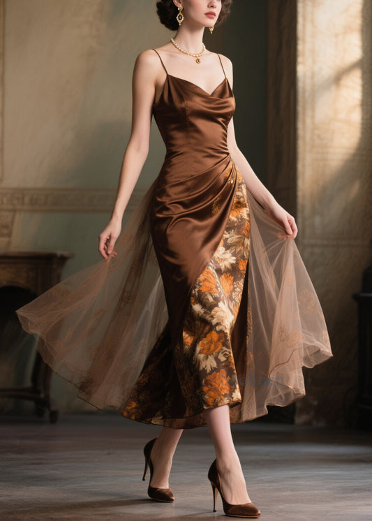 Boutique Chocolate Print Patchwork Tulle Cami Dress Summer