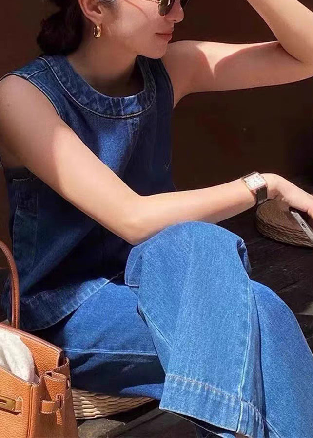 Boutique Denim Blue Patchwork Top And Wide Leg Pants Two Piece Set Sleeveless