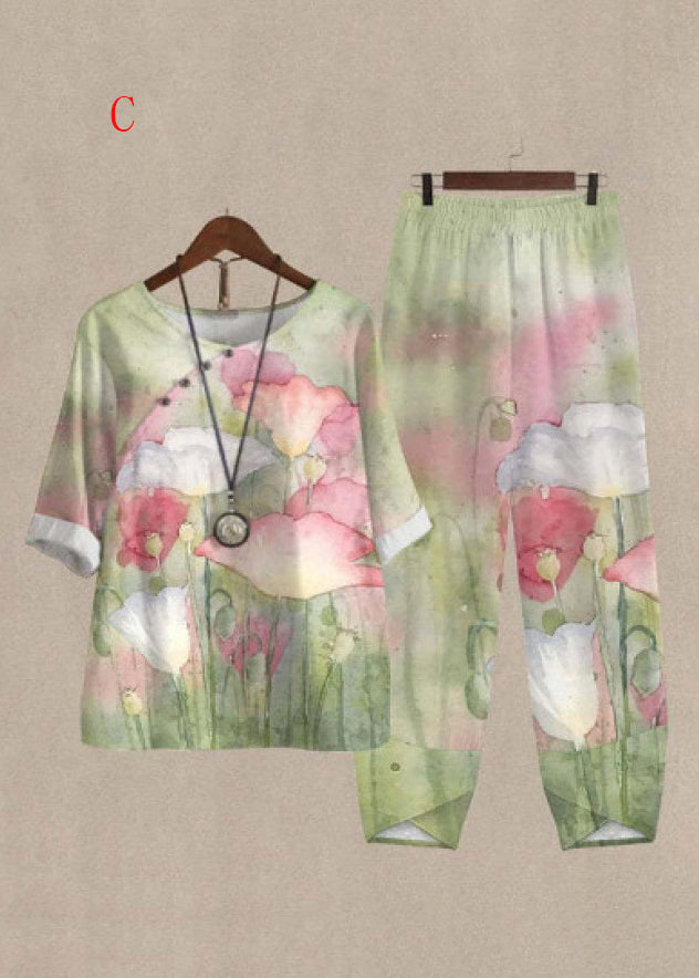 Boutique Green O Neck Print Cotton Two Pieces Set Summer