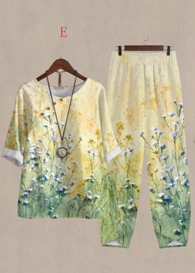 Boutique Green O Neck Print Cotton Two Pieces Set Summer