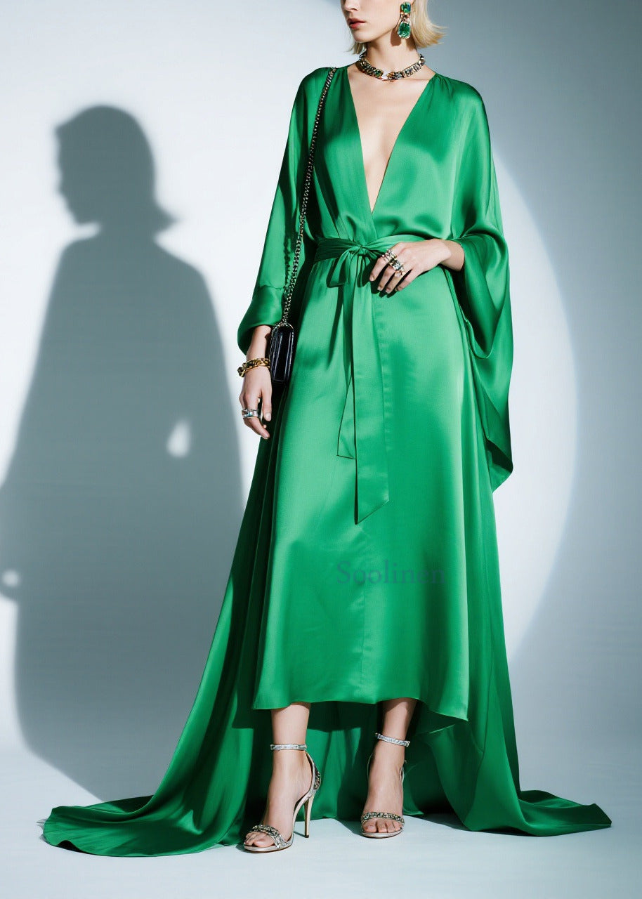Boutique Green Tie Waist Exra Large Hem Silk Party Dresses Batwing Sleeve
