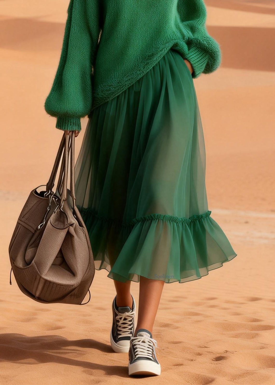 Boutique Green Turtleneck Knit Blended Patchwork Tulle Maxi Dress Lantern Sleeve