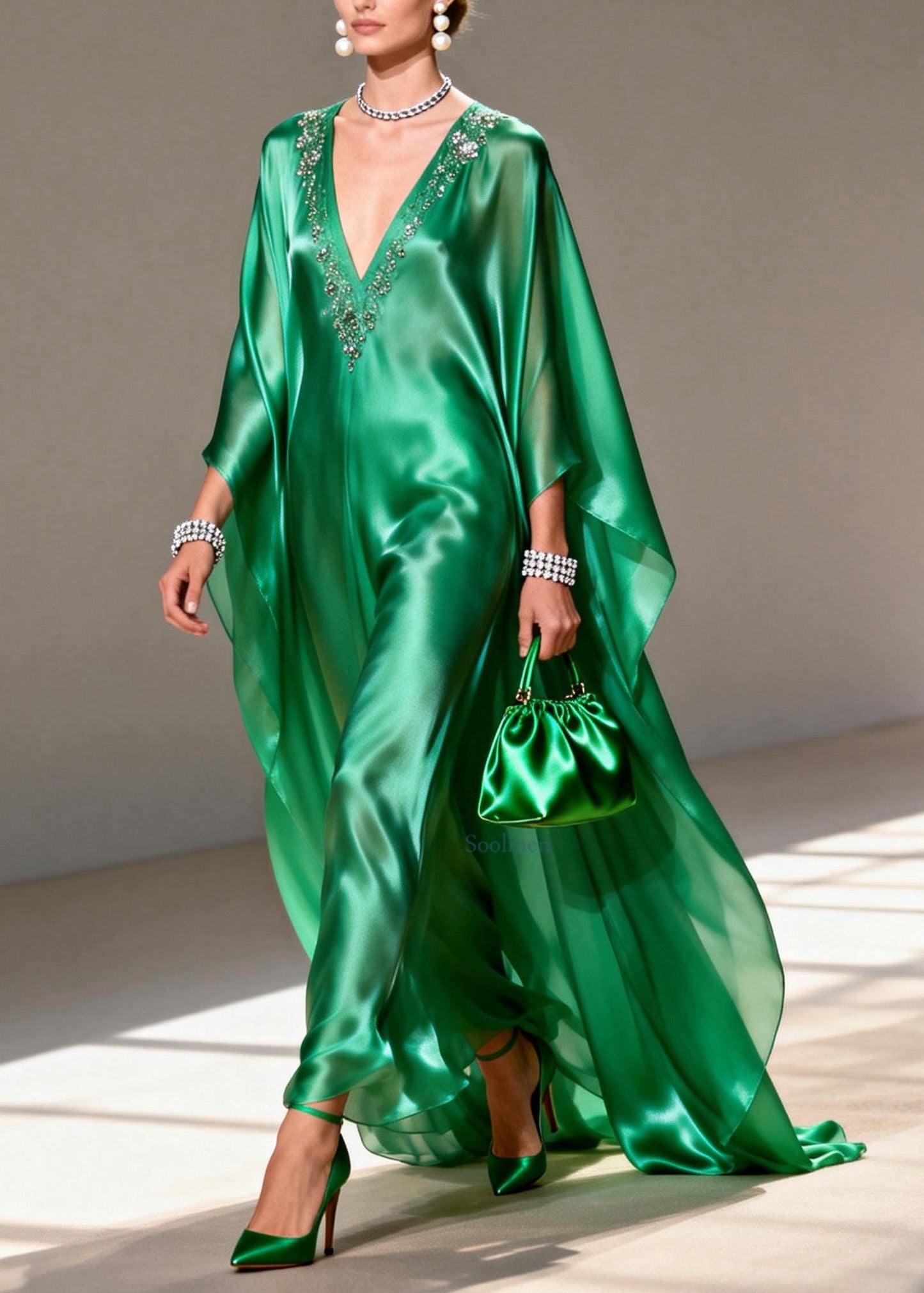 Boutique Green V Neck Zircon Silk Long Dress Spring