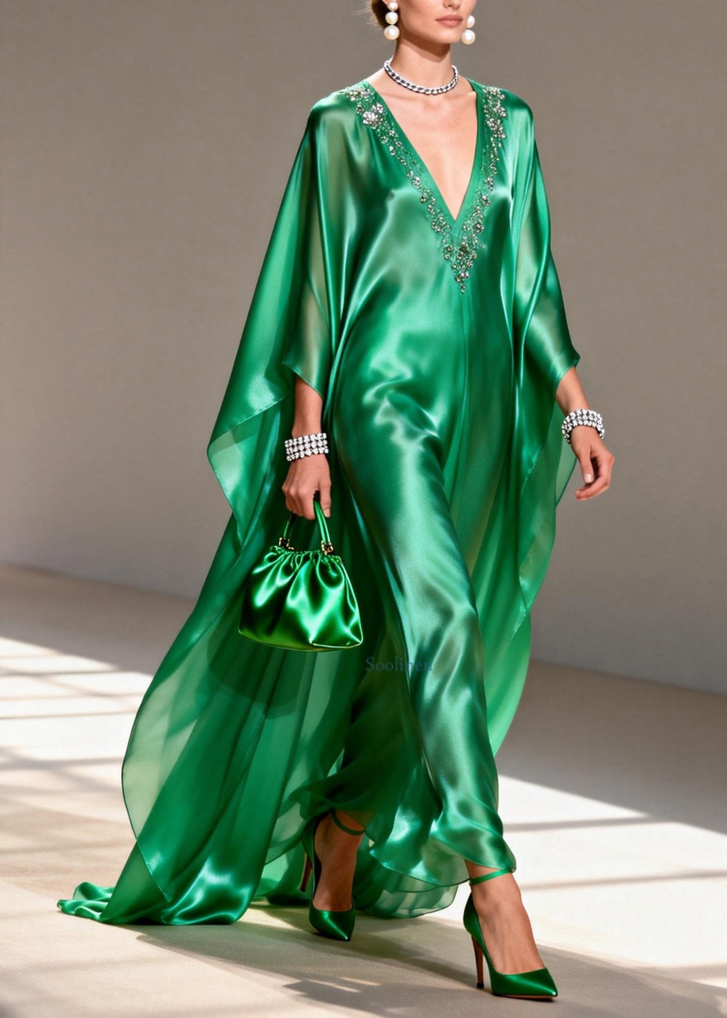 Boutique Green V Neck Zircon Silk Long Dress Spring