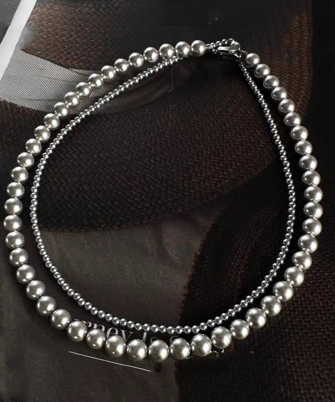 Boutique Grey Alloy Double-Layer Pearl Pendant Necklace