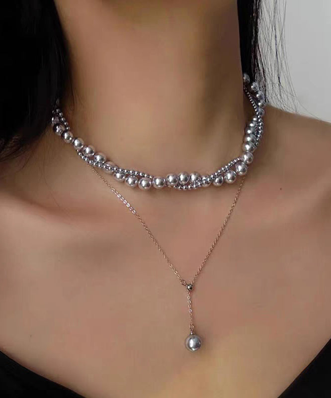 Boutique Grey Alloy Double-Layer Pearl Pendant Necklace