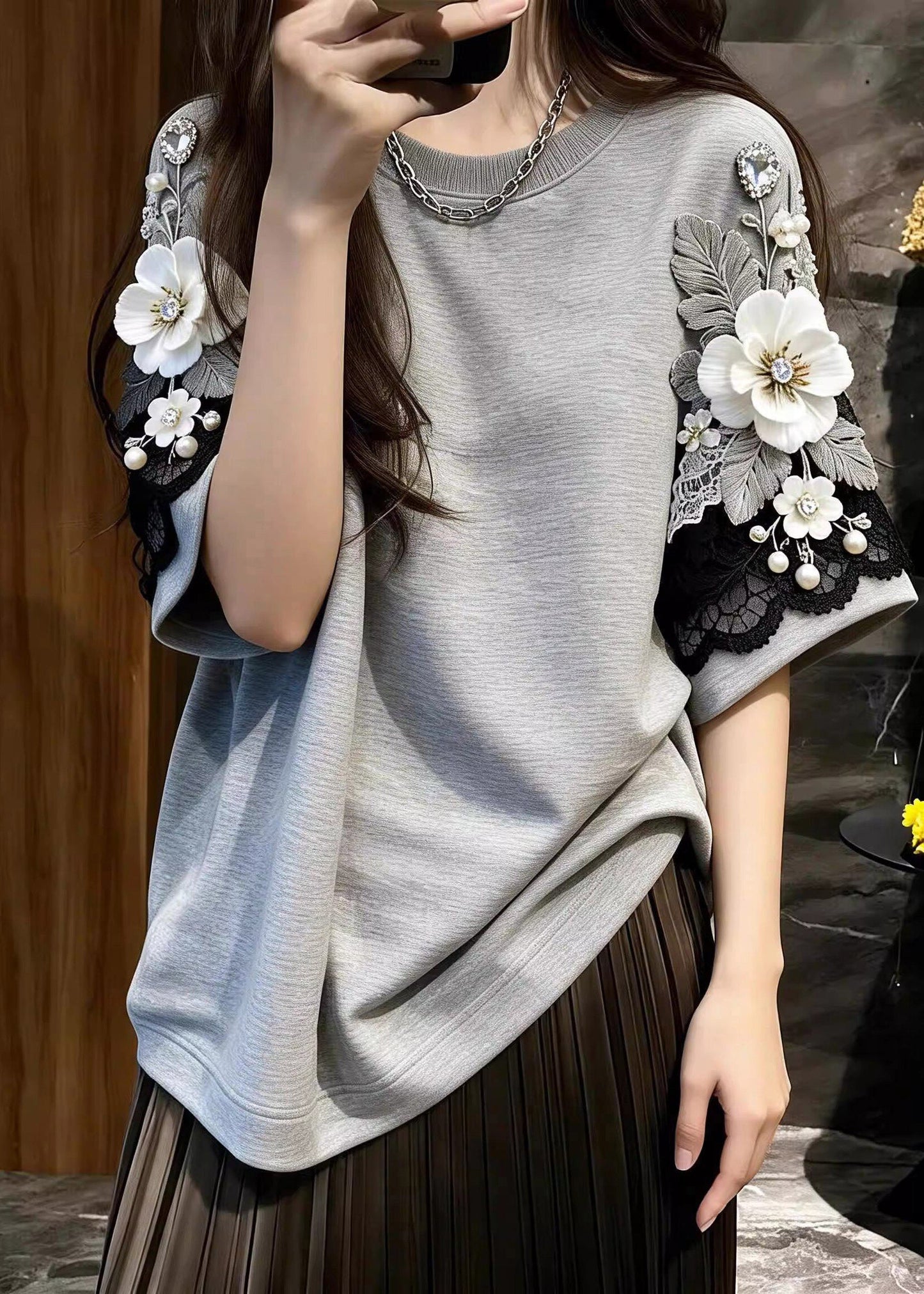 Boutique Grey Floral Nail Bead Tops Short Sleeve