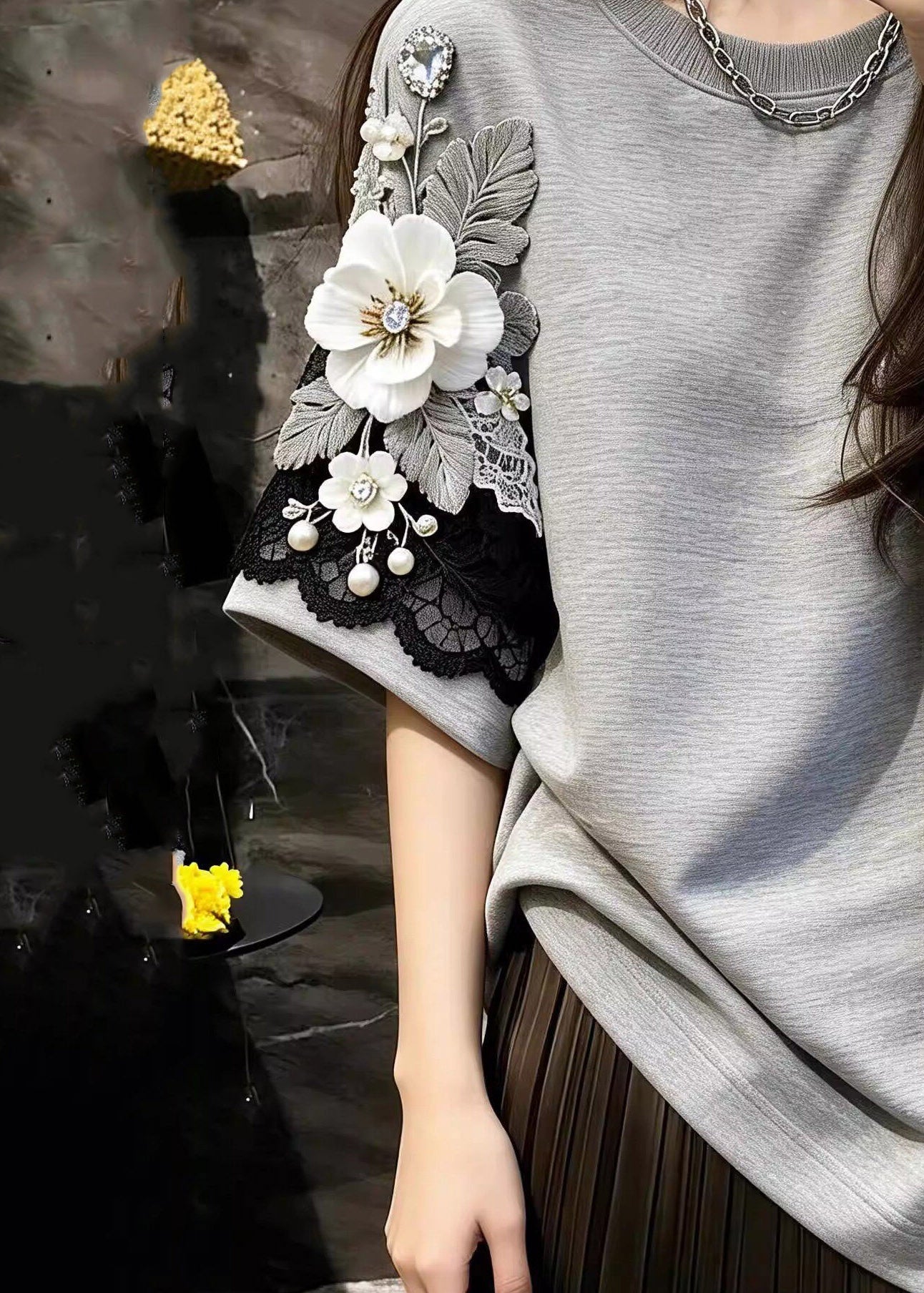 Boutique Grey Floral Nail Bead Tops Short Sleeve