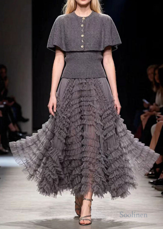 Boutique Grey Shawl Knit Pullover And Tulle Skirt Two Pieces Set Spring
