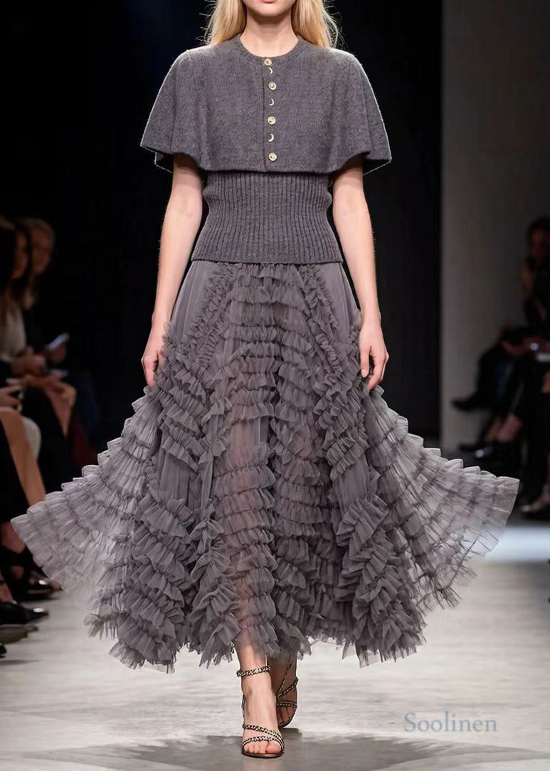 Boutique Grey Shawl Knit Pullover And Tulle Skirt Two Pieces Set Spring
