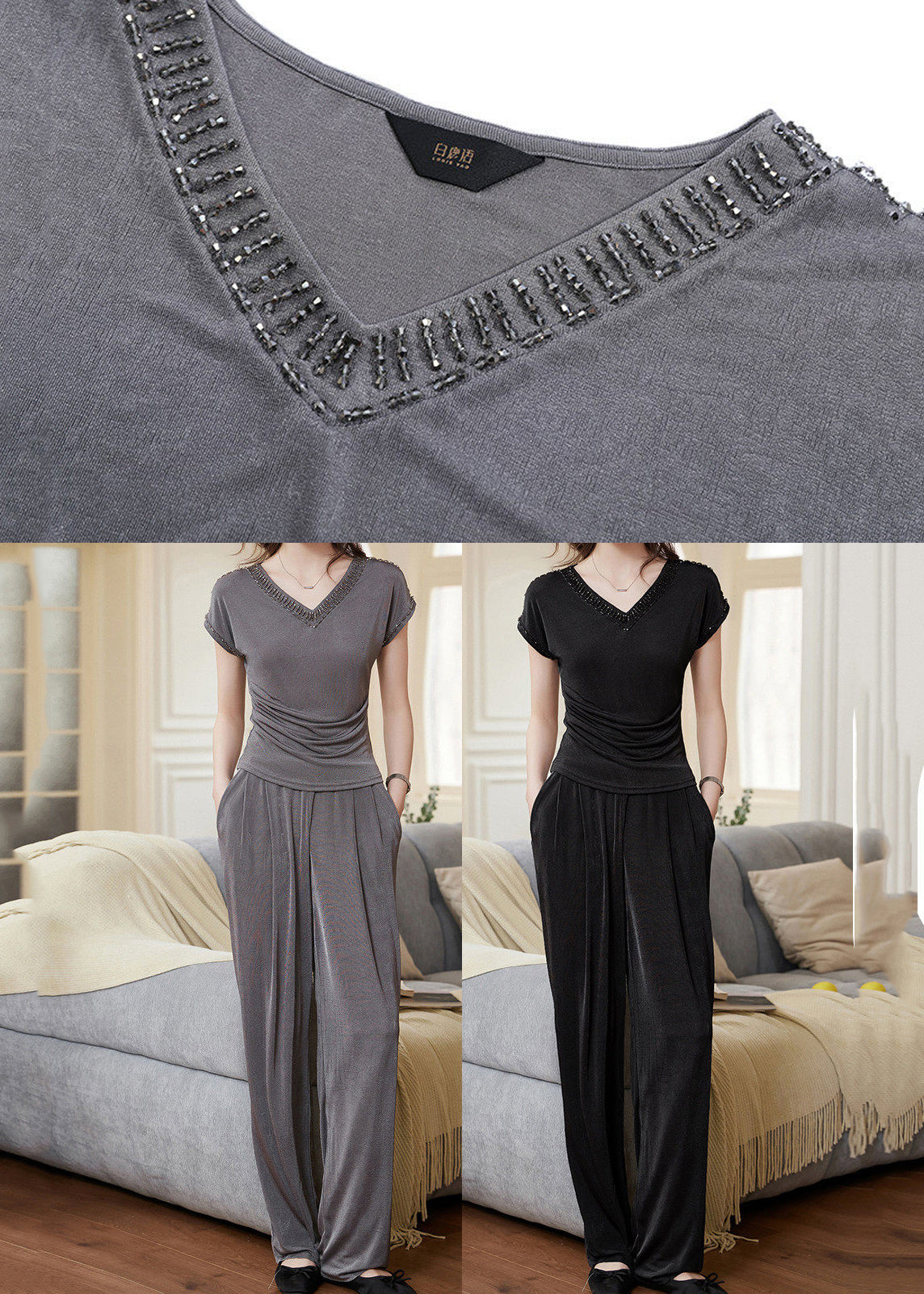 Boutique Grey V Neck Nail Bead Cotton 2 Piece Outfit Summer