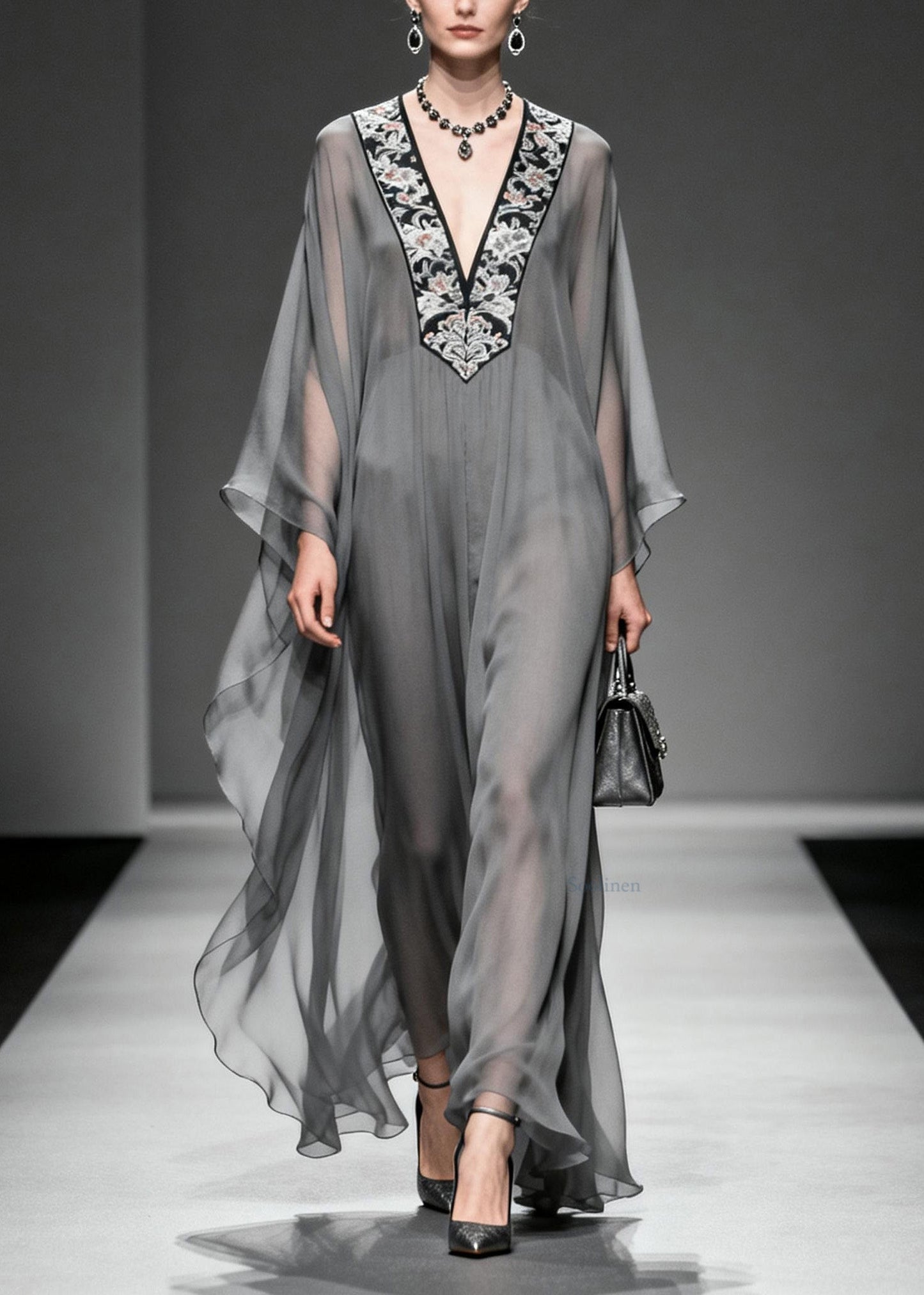 Boutique Grey V Neck Print Patchwork Chiffon Dress Spring